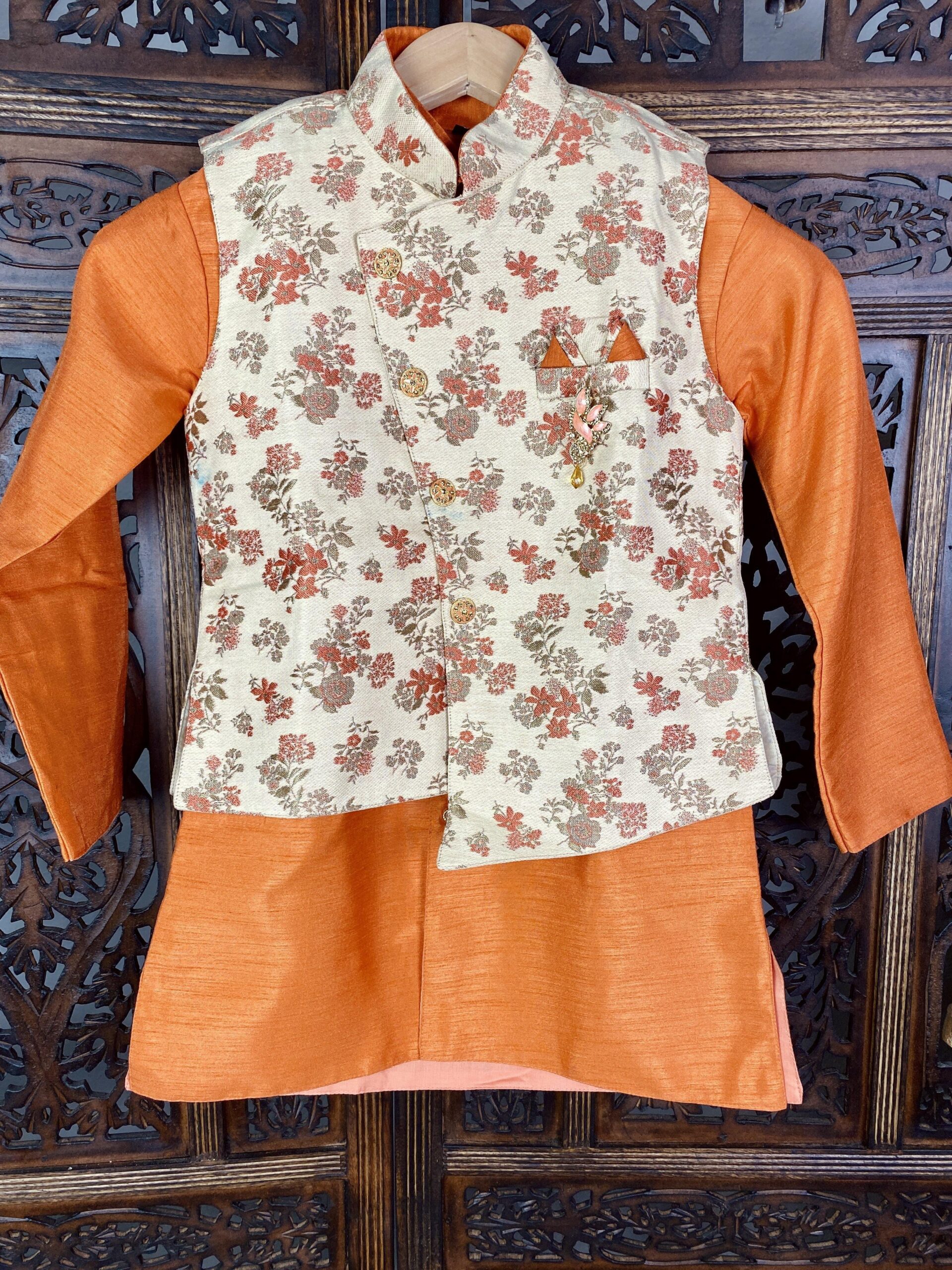 Boys' Asymmetric Silk Kurta with Nehru Jacket